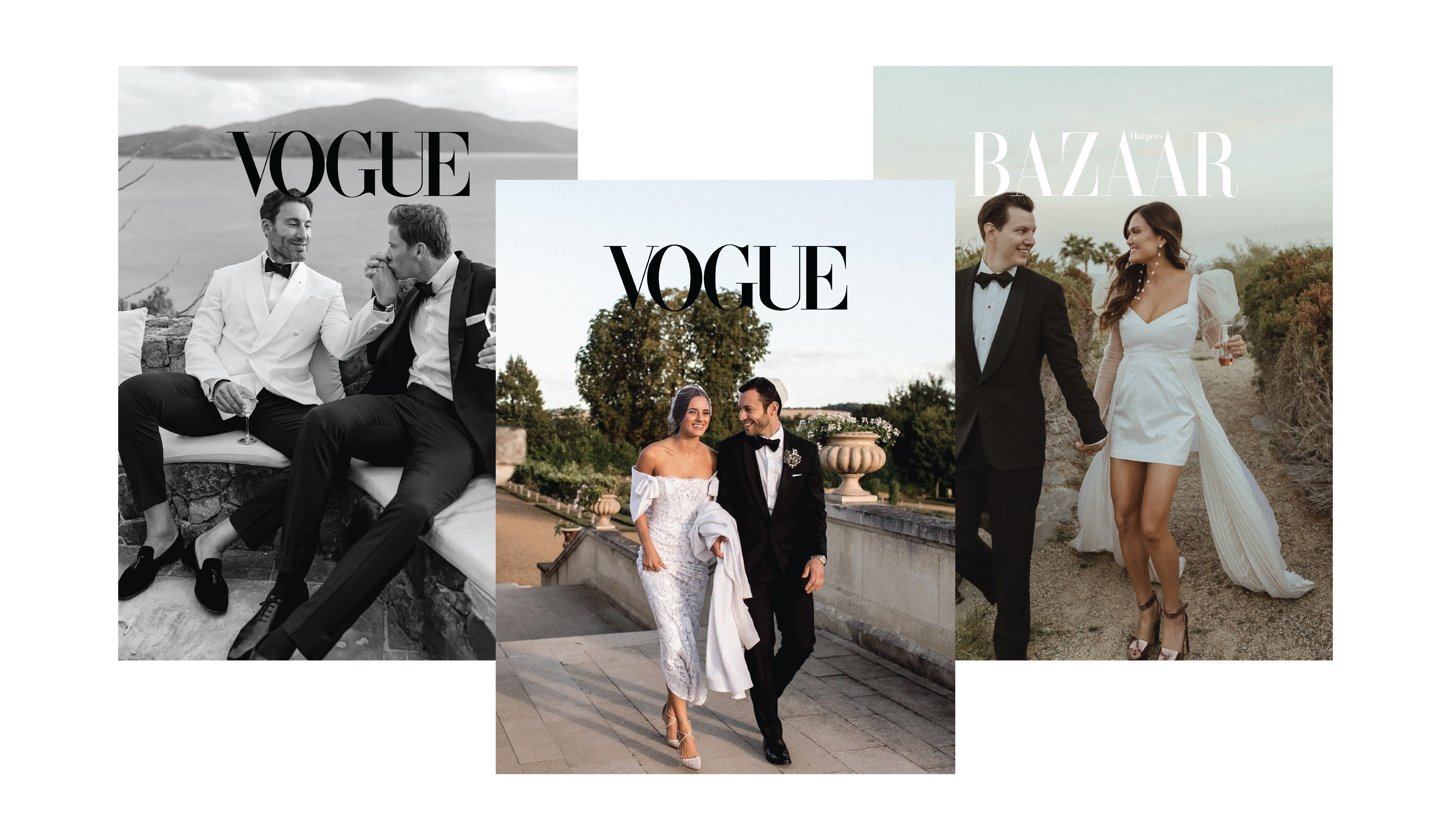 3 magazine covers of Sarah Falugos featured luxury weddings